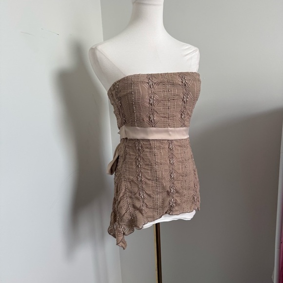 Y2K Charlotte Russe Strapless Mesh Lace Top – Mocha, Satin Waist Fairy Whimsy L - Picture 2 of 7